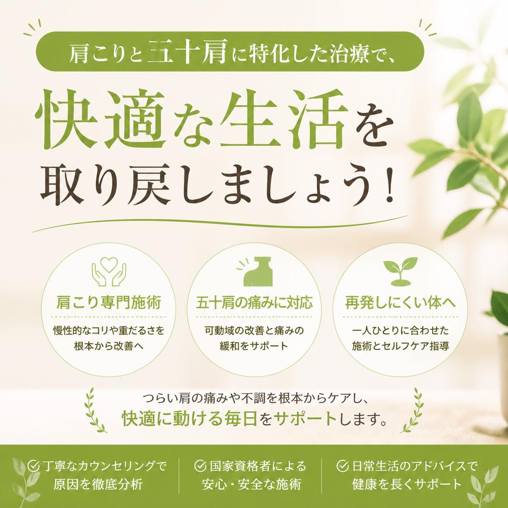肩こりと五十肩に特化した治療で、快適な生活を取り戻しましょう！