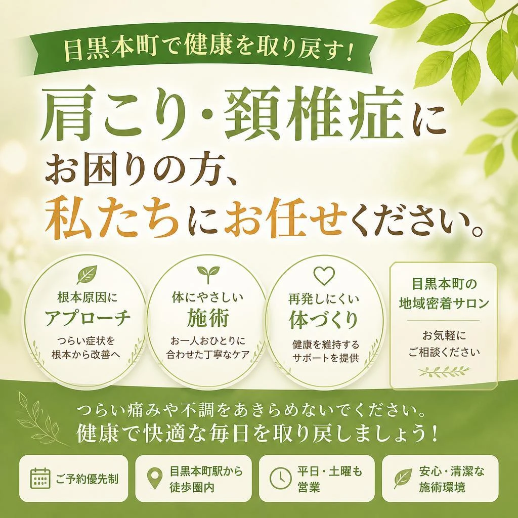 （目黒本町／整骨院／肩こり／頚椎症）目黒本町で健康を取り戻す！肩こり・頚椎症にお困りの方、私たちにお任せください。