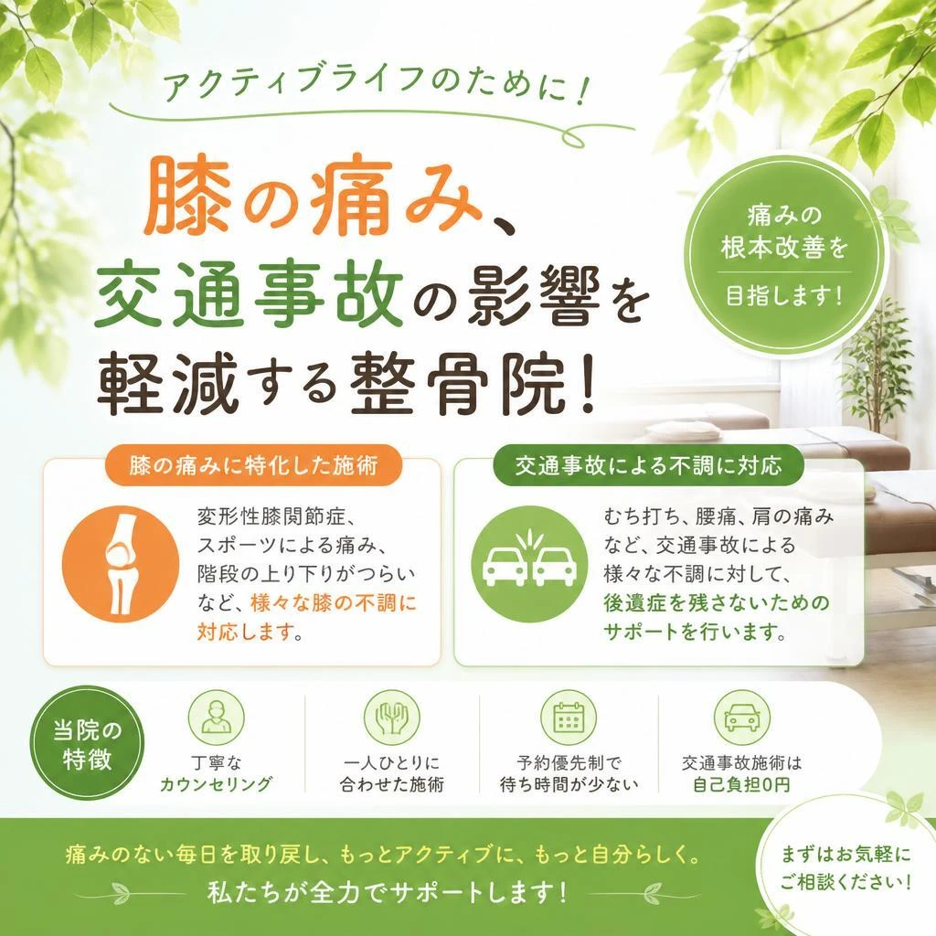 アクティブライフのために！膝の痛み、交通事故の影響を軽減する整骨院！