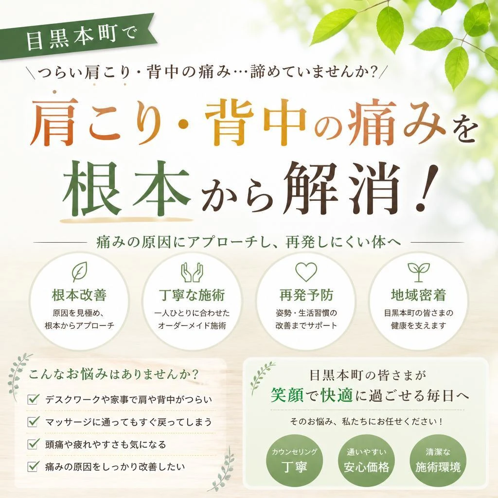 目黒本町で肩こり・背中の痛みを根本から解消！