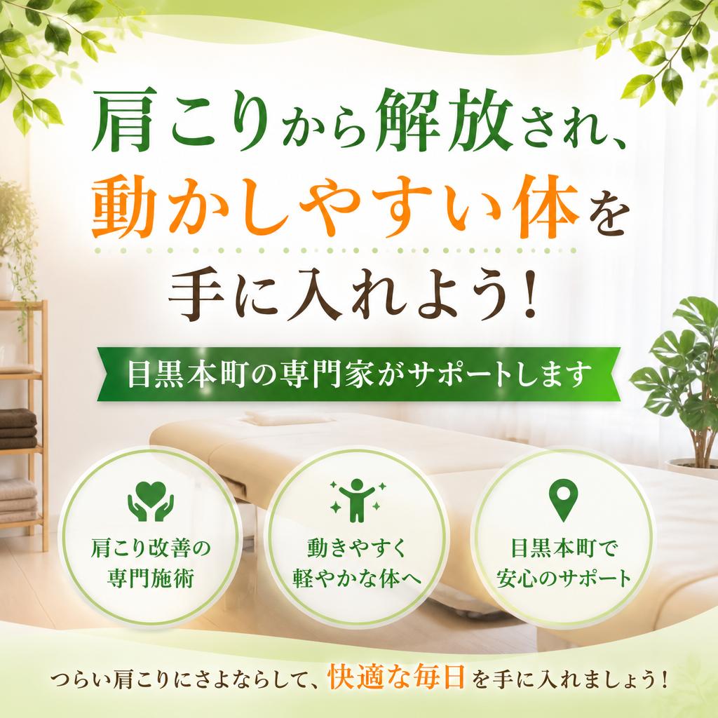 （目黒本町／整骨院／肩こり／動かしづらい）肩こりから解放され、動かしやすい体を手に入れよう！目黒本町の専門家がサポートします