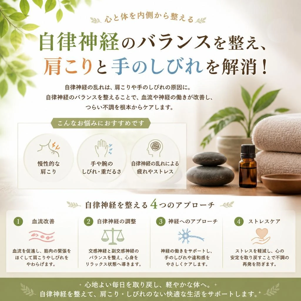 （武蔵小山駅／鍼灸整骨／肩こり／手のしびれ）自律神経のバランスを整え、肩こりと手のしびれを解消！