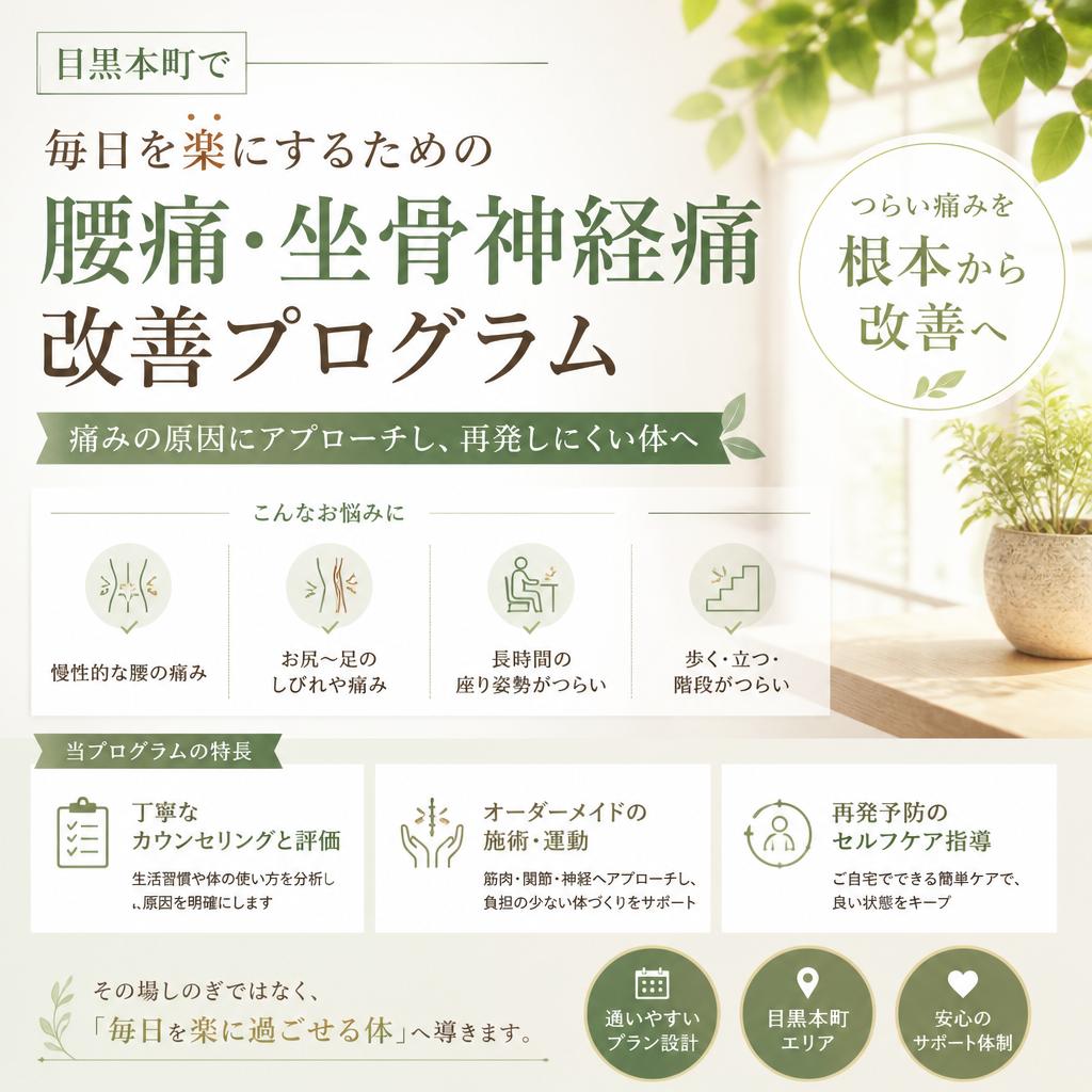 （目黒本町／整骨院／腰痛／坐骨神経痛）目黒本町で、毎日を楽にするための腰痛・坐骨神経痛改善プログラム