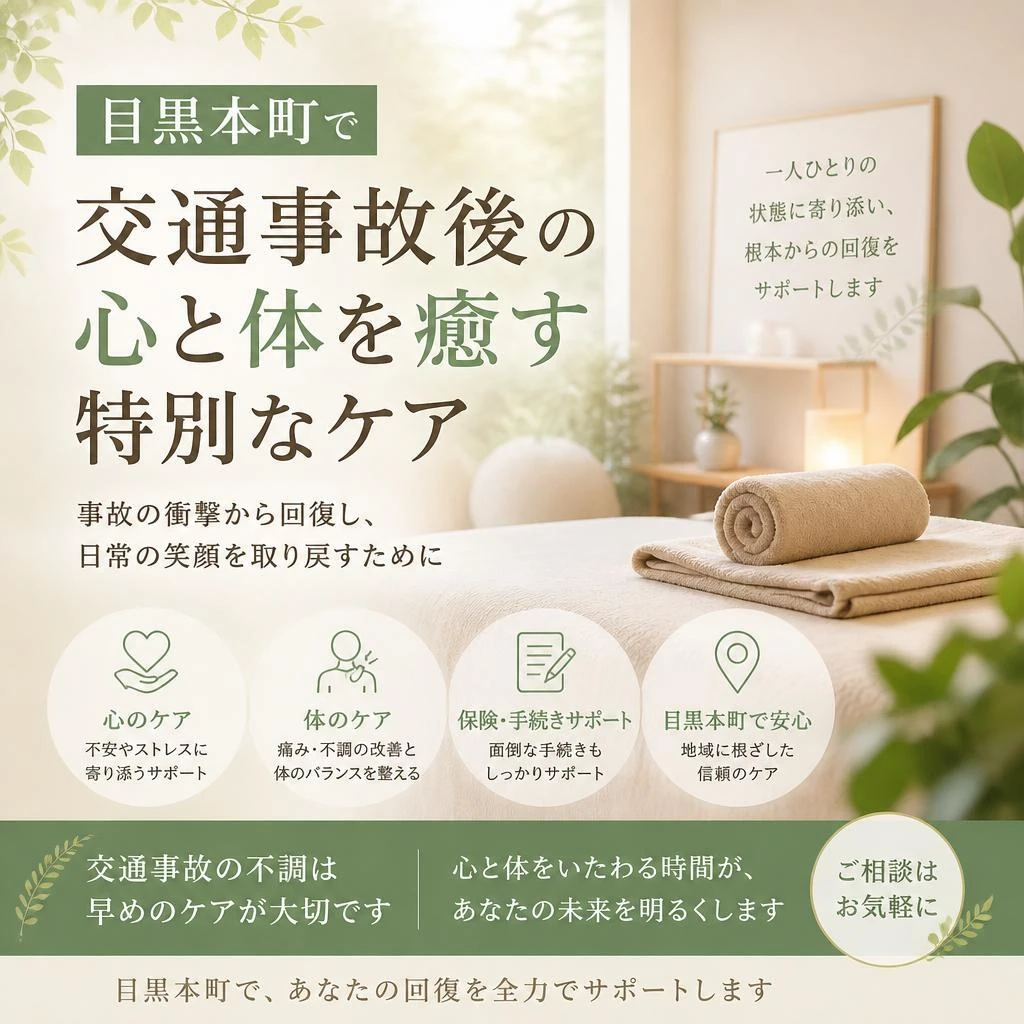 （目黒本町／整骨院／交通事故／打撲）目黒本町で交通事故後の心と体を癒す特別なケア